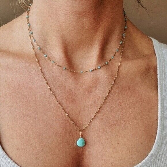 Blue Dainty Enamel Dot Necklace Waterproof layering necklace non-tarnish Gold - Picture 5 of 11